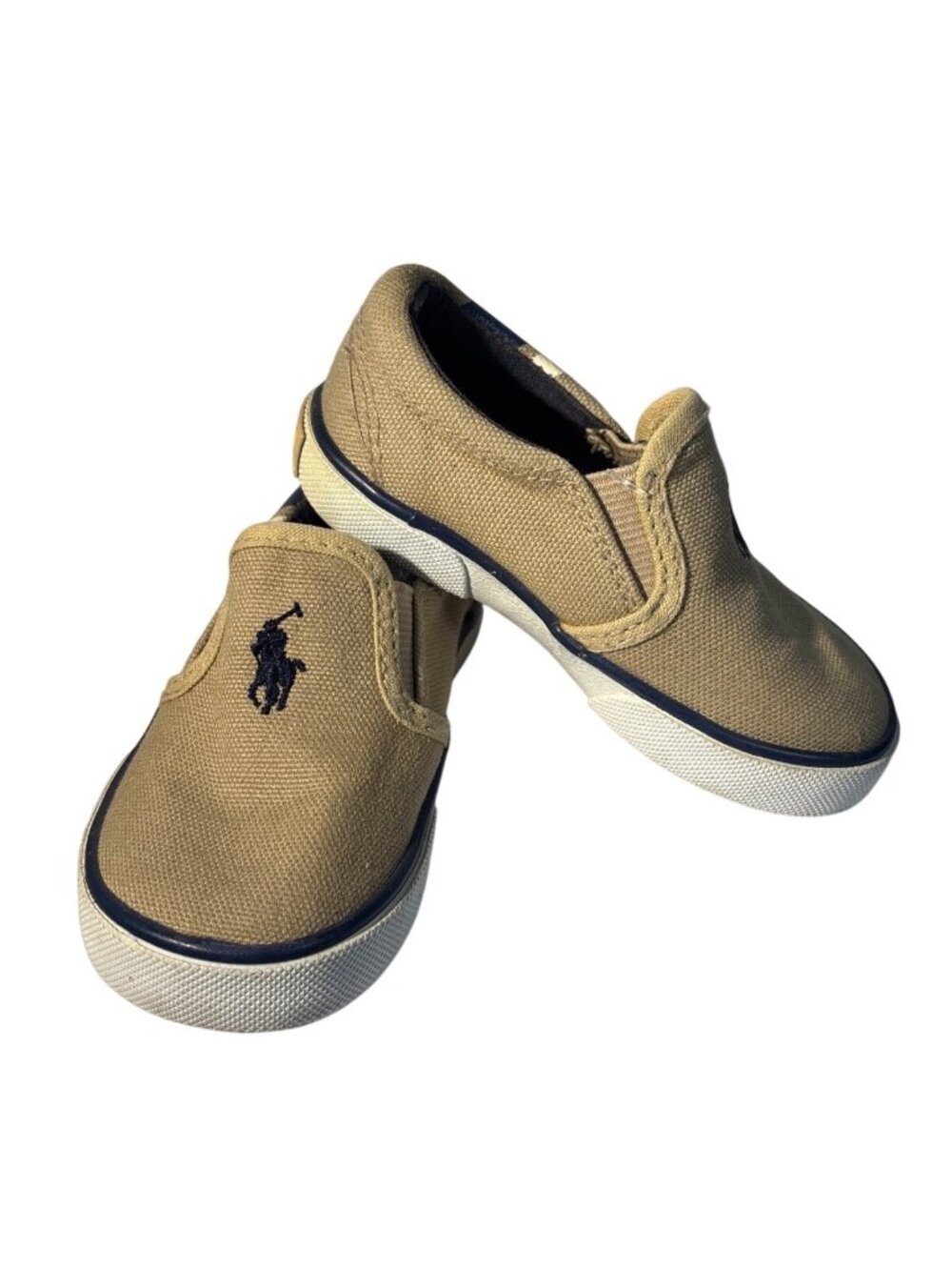 Polo Ralph Lauren Boat Shoes Kids 5 Tan Canvas Slip On Navy Trim Pony Side Strip